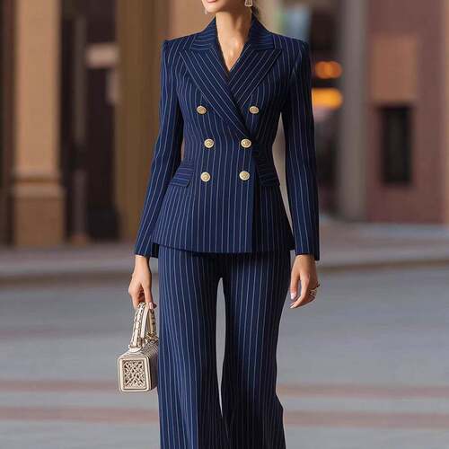 Casual Striped Fitted Set Suit Blazer Neck Long Sleeve