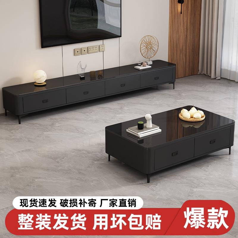 鹏音伴轻奢电视 柜 客厅家用高级感小户型落地电视机 柜 新款黑色玻璃茶几 桌摆件饰品