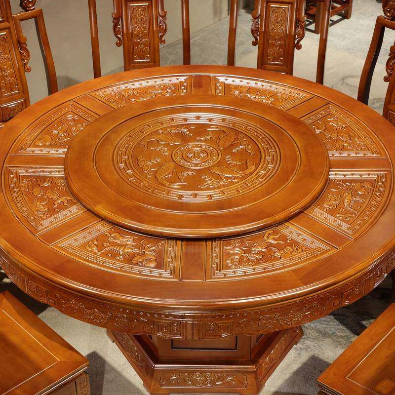 中式橡木仿古全实木餐桌大椅组合带古木转盘圆桌家用饭桌子橡仿雕