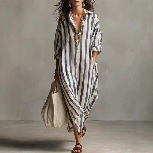 Women's Fashion Loose V-Neck Long Dress  Summer Striped