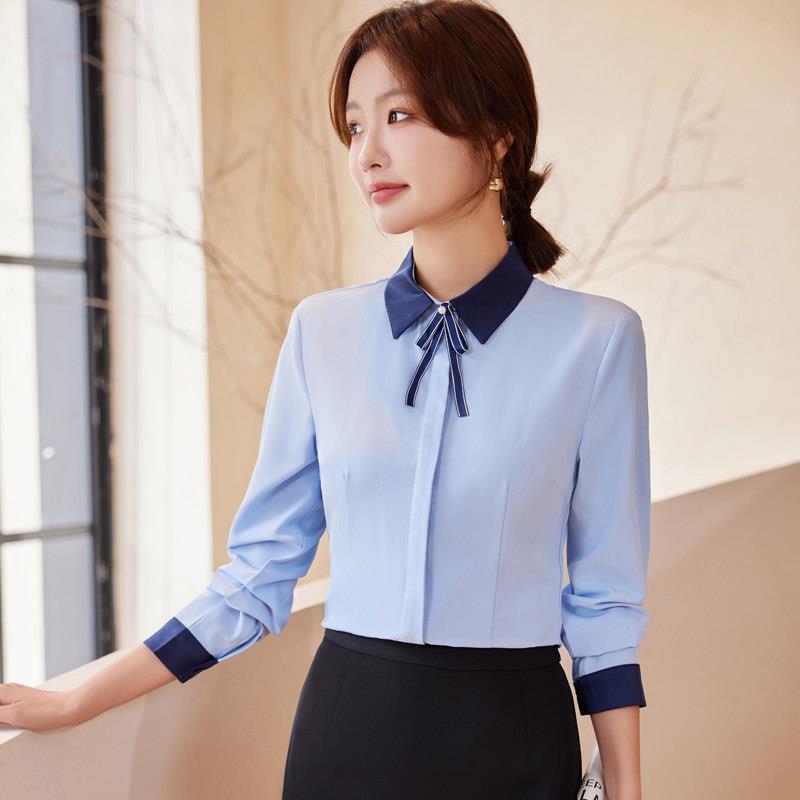 职业衬衫女长袖春秋季气质酒店服务员工作服衬衫套装修身内搭上衣