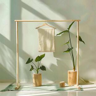 原木落地陈列架衣帽架服装收纳展示架实木晾衣架背景装饰摄影摆件