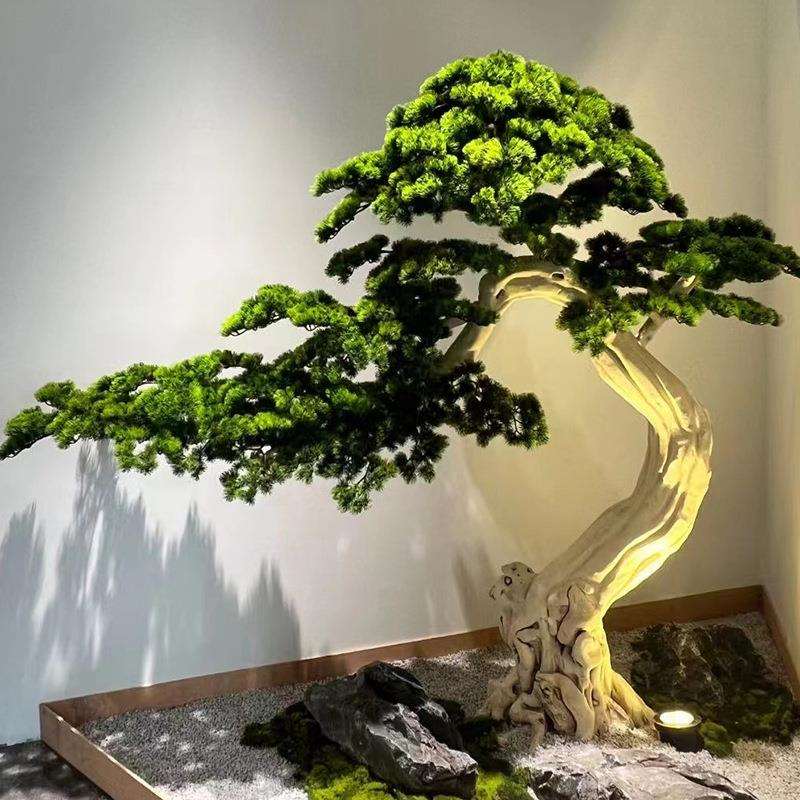仿真迎客松罗汉松假树造景室内外楼梯橱窗景观新中式玄关落地装饰