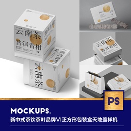新中式茶饮茶叶品牌VI正方形包装盒天地盖拎袋包装ps样机设计素材