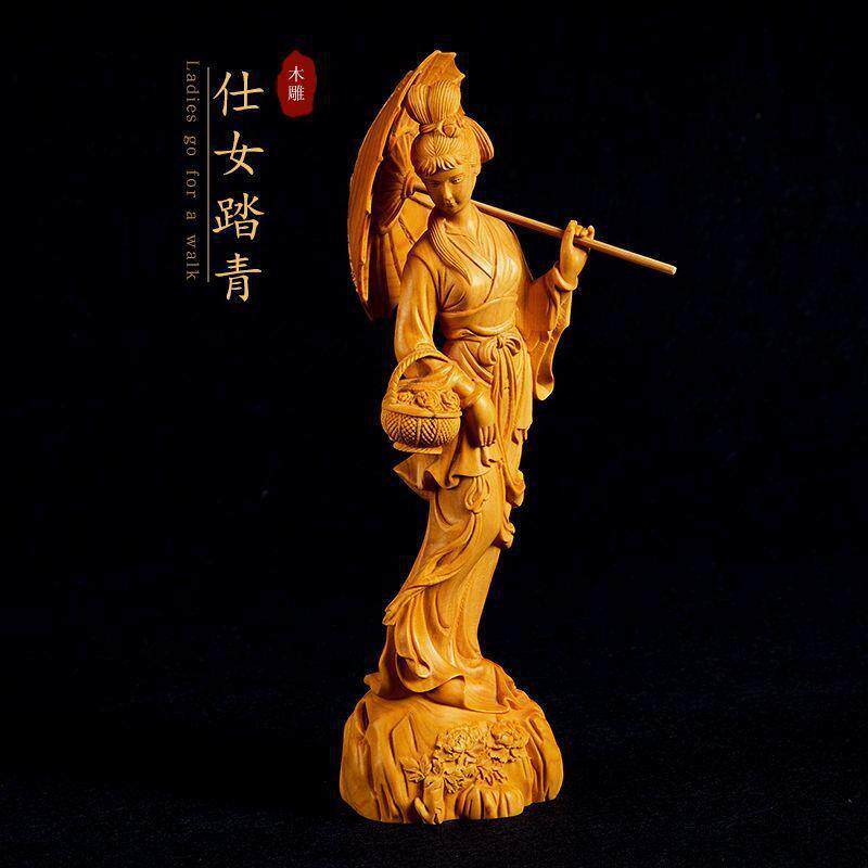 乐清黄杨木雕创意家居美女摆件仕女踏青手工雕刻工艺品桌面小摆件