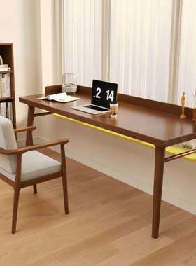 实木飘窗书桌挡板双人长条桌高低脚窗台小户型长短腿电脑桌