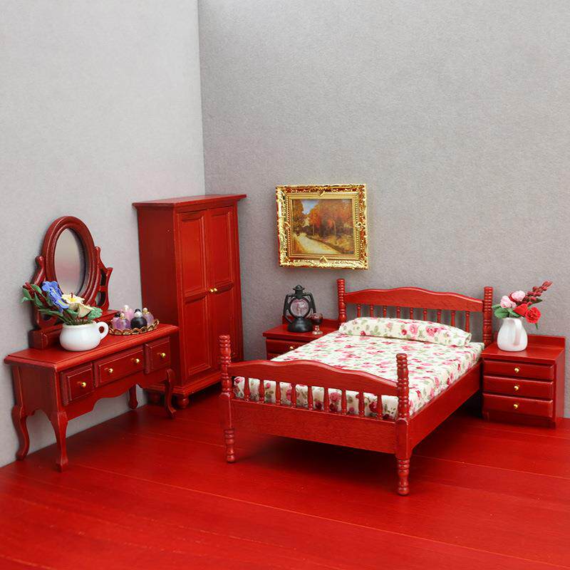 1:12娃娃屋dollhouse迷你家具模型微缩卧室套装微场景床梳妆台柜