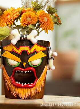 跨境愤怒面具雅玛部落花盆F款图腾花插工盆花户外花园庭院装饰树
