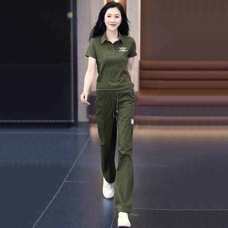 休闲 运动迷彩服套装女2025夏季新款显瘦薄款短袖工装长裤两件套