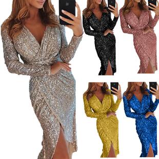 Women's long sleeved mid neck dress, evening slit dress,