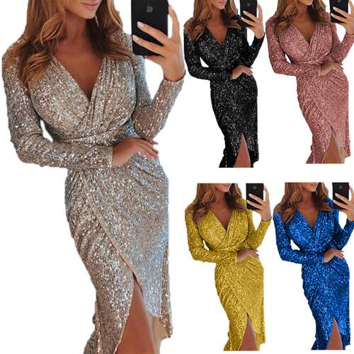 Women's long sleeved mid neck dress, evening slit dress,
