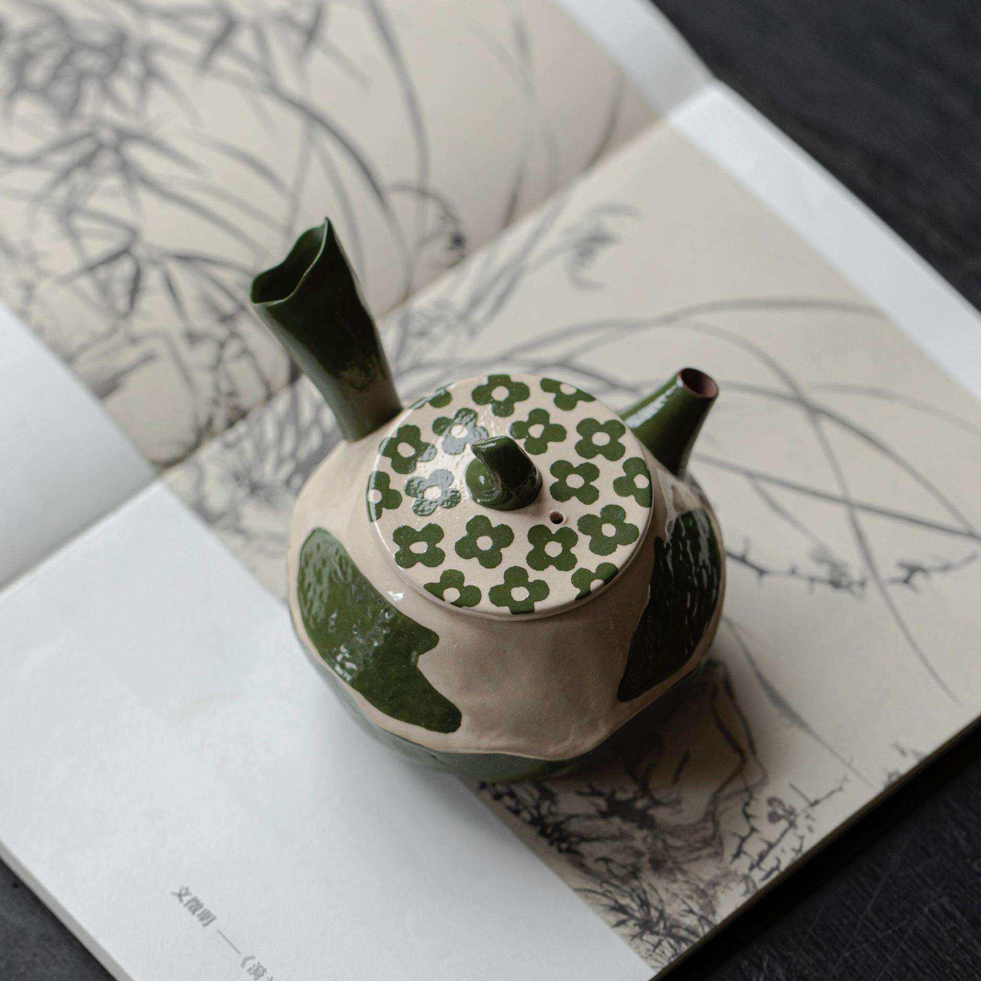 野有作景德镇粉引手绘拓片壶手工粗陶侧把壶仿古茶具泡茶壶单壶