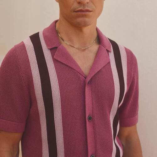 Breathable hollowed out men's striped knitted top