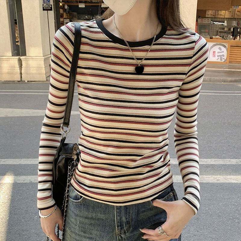 撞圆条纹长袖t恤领色女复古秋季正肩修身打底衫长袖上衣