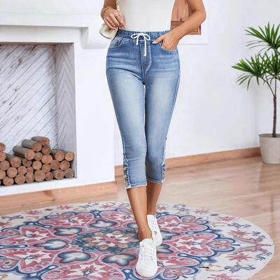 Women Waisted Elastic Waist Capri Jeans Stretchy Skinny Slim