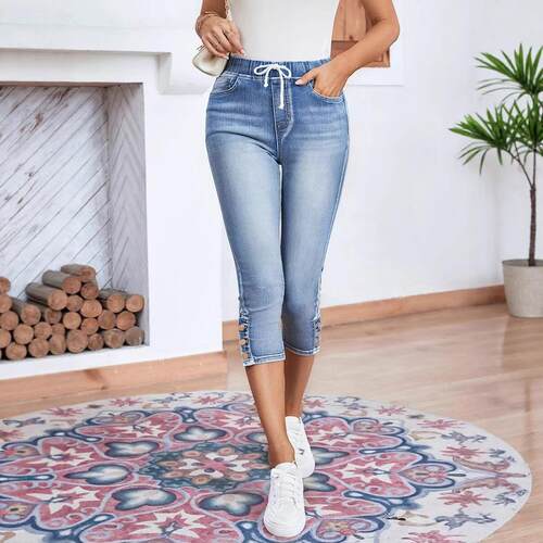 1 Spring Summer Elastic Waist Pull Jeans Women Drawstring