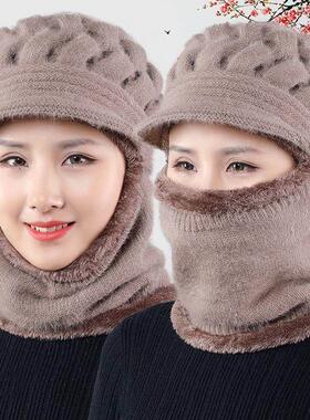 妈妈帽子围脖一体女中老年人秋冬季毛线帽加绒连体保暖奶奶针织帽
