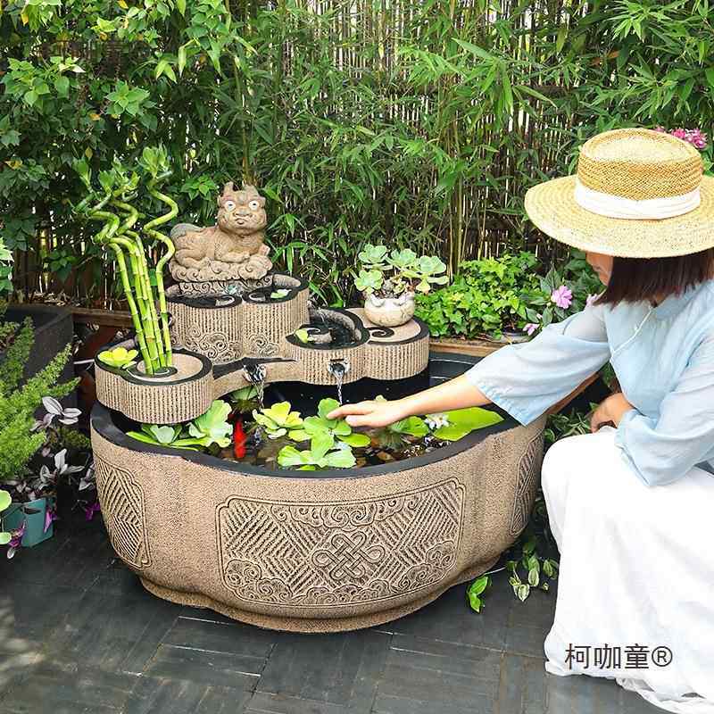 2020流摆布置庭院花园造景新中式水户喷泉水件景圆形大外型循环麦