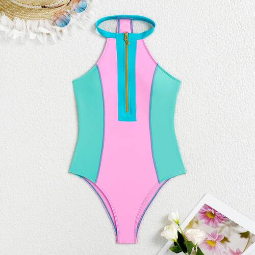 One piece zipper sports swimsuit, women's surfing
