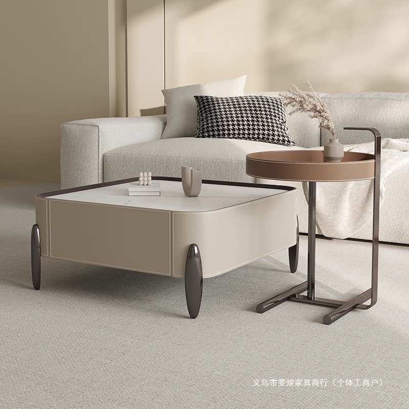 马鞍皮岩板正方形茶几家用客厅圆形轻奢大小组合设计师小户型边几