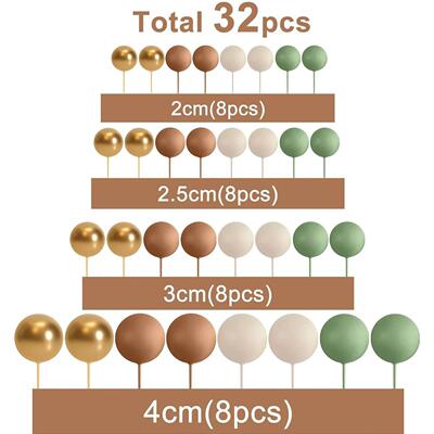 32pcs Sage Green Brown Cake Topper Gold Foam Balls DIY Inser