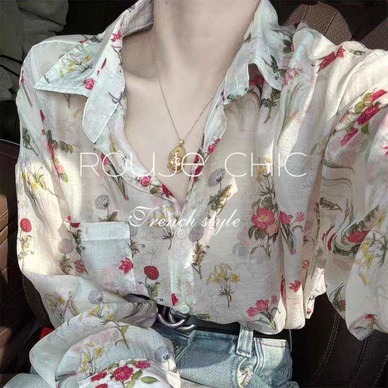 法国rouje chic法式设计感碎花Polo领洋派薄款长袖衬衫女夏季衬衫
