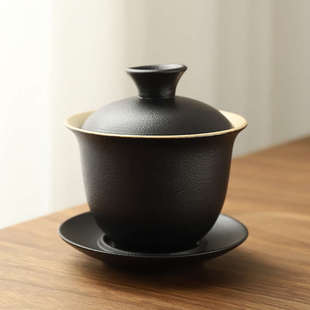 黑陶盖碗陶瓷敬茶碗功夫茶具茶杯子复古粗陶三才手抓碗家用泡茶器
