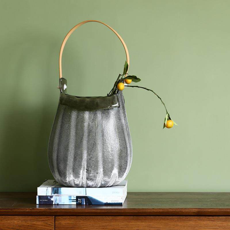 创意手工做旧磨砂大口手提篮艺术玻璃花瓶客厅家居电视柜软装饰品