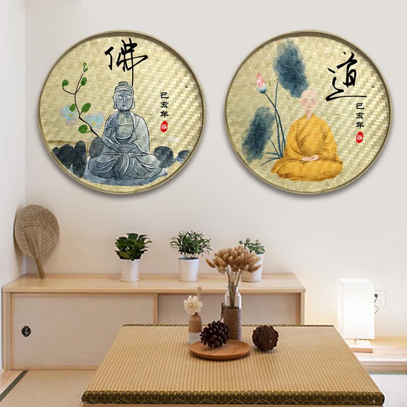 手绘竹编簸箕禅意养生装饰画茶室农家院创意挂画素食馆面馆饭店画图片