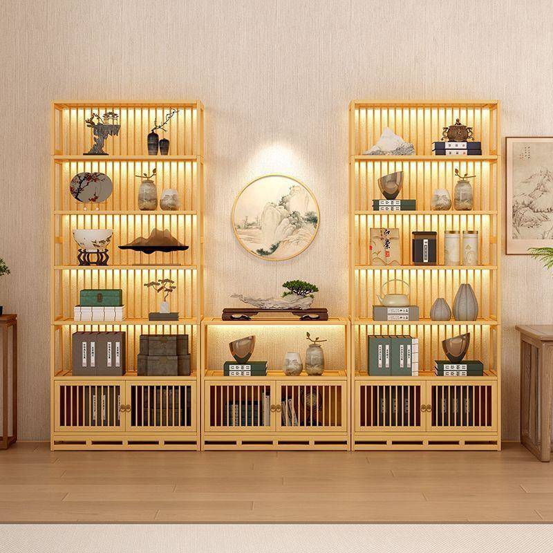 中式原木色博古架背条展示柜茶架茶室背景墙文玩置物架多宝阁柜子