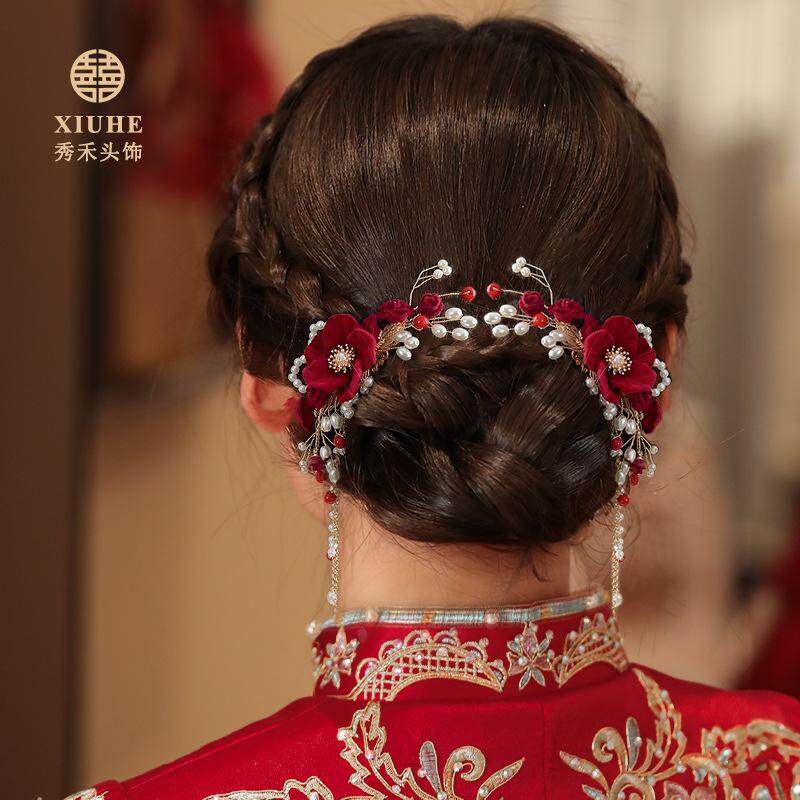 敬酒服头饰新娘红色头花发箍三件套新款简单大气结婚纱礼服发