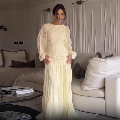 Elegant Pleated Long Lantern Sleeve Long Dress Women Oneck