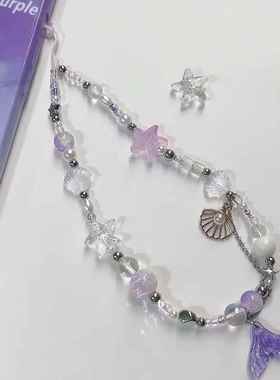 原创自制紫色鱼群贝壳吊坠手机挂绳手工diy串珠ccd链条相机链