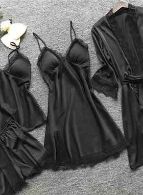 4 Pieces Pajamas Sets Satin Sleepwear Women Silk Nightwear P