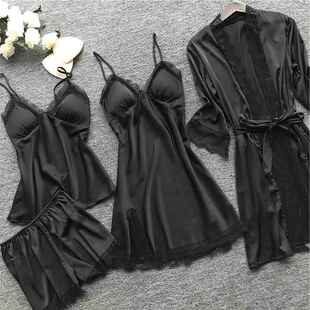 4 Pieces Pajamas Sets Satin Sleepwear Women Silk Nightwear P