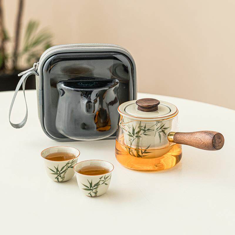 翠绿文竹手绘旅行茶具便携式一壶两杯户外功夫泡茶套装高端侧把壶