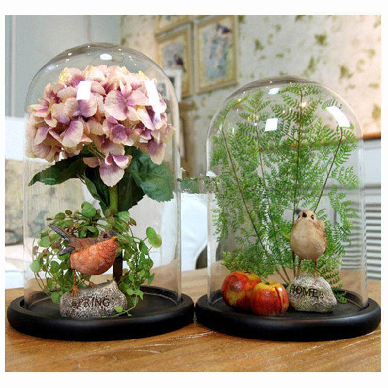 欧式工艺品摆件仿真花玻璃花瓶摆设现代创意透明玻璃罩子实木底座