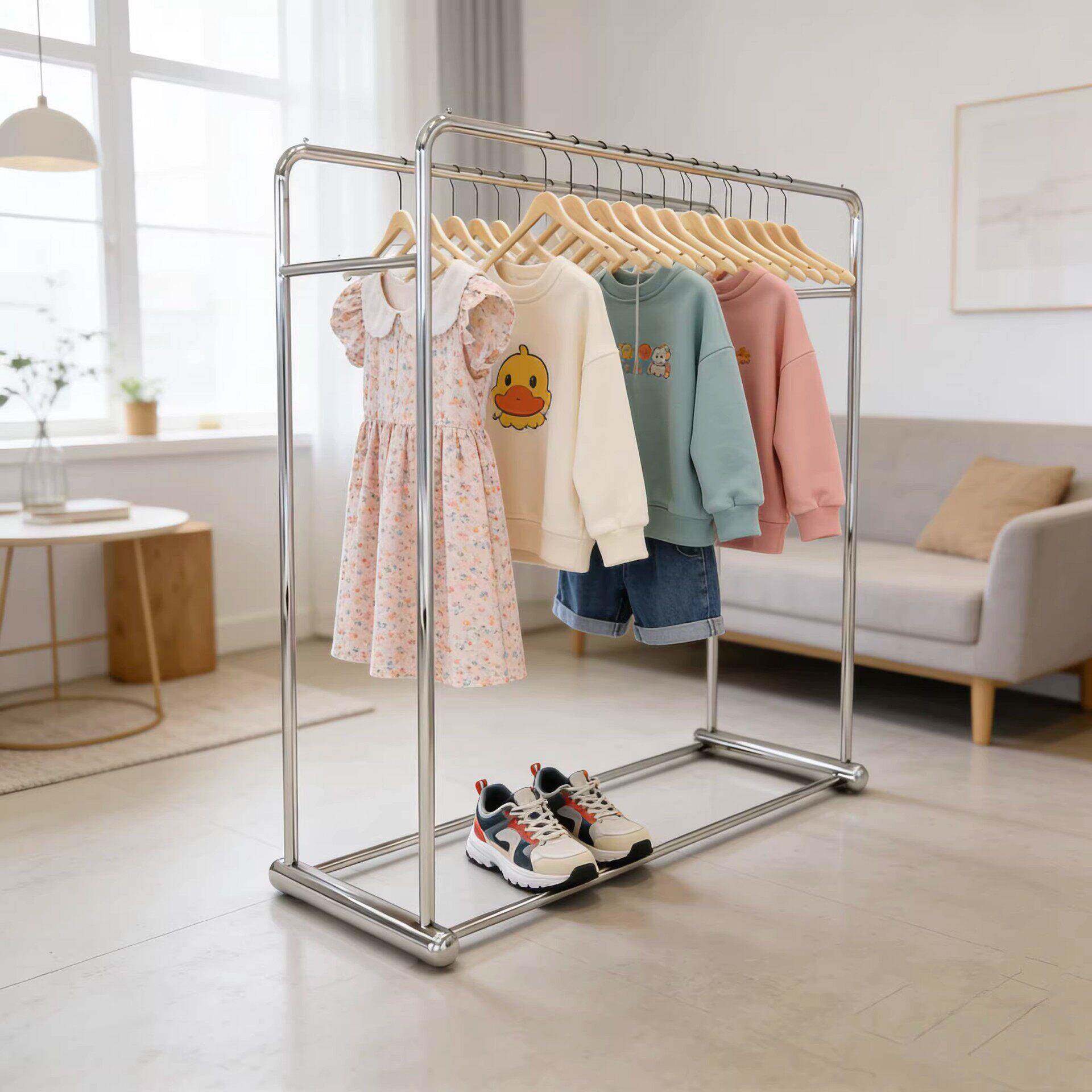 服装店展示落地架中岛货架展示架不锈钢银色中间陈列架双排挂衣架