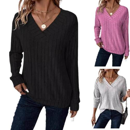 Women's Comfortable Long Sleeve V Neck Knit T-Shirt  Loose