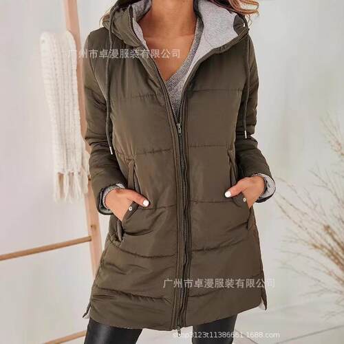 Hooded cotton jacket with long sleeves and pockets, long