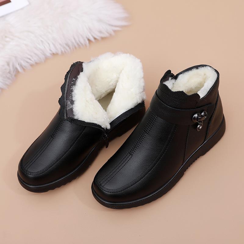 高档防冬季妈妈鞋真皮羊毛短靴加绒平底鞋滑女靴棉皮鞋中老年棉人