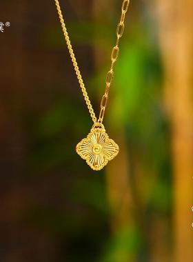 强保色24K亮金四合如意花项链闪亮四瓣花车花双面锁骨链颈饰配件