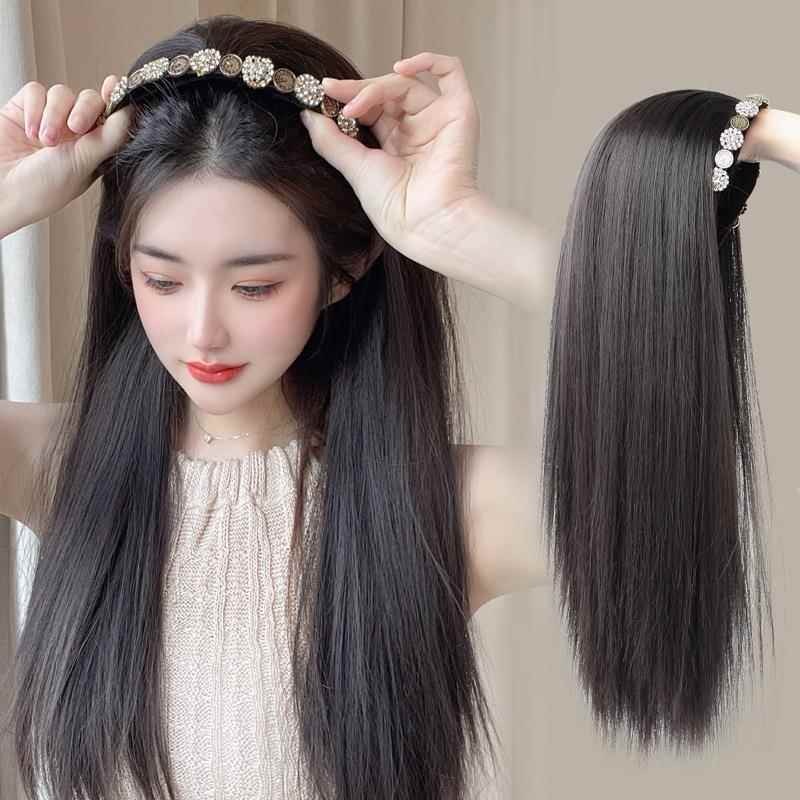 新款直销假发半头套长直发女复古水钻发箍假发懒人网红u型一片式