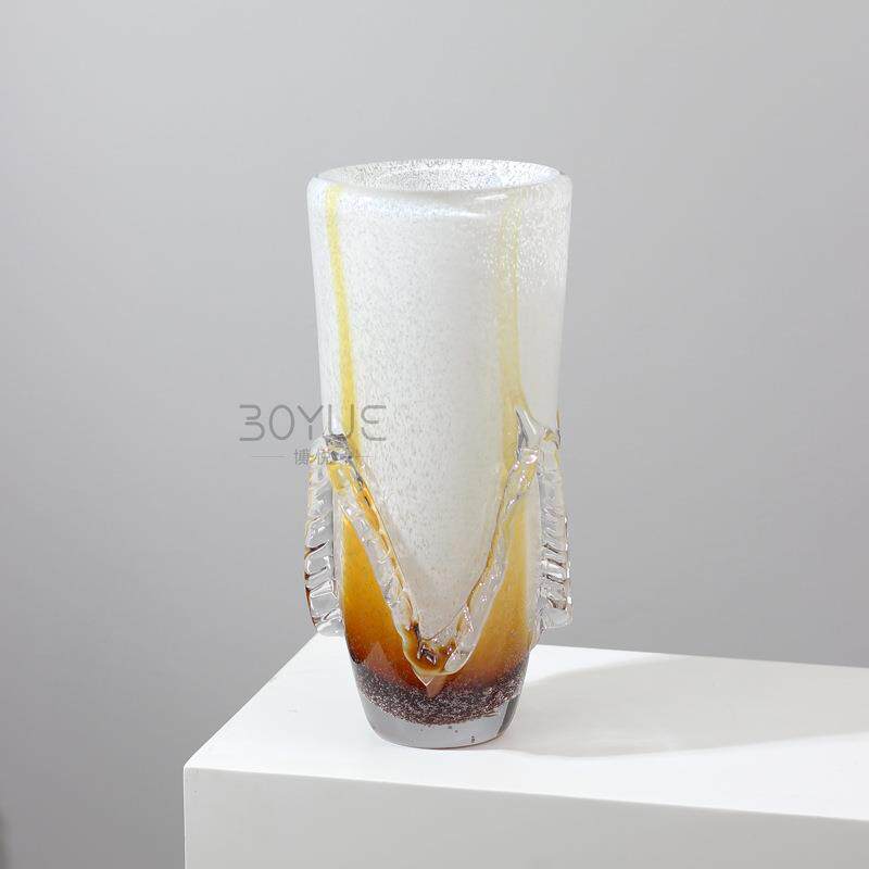 简约轻奢琥珀色裙边手工琉璃花瓶样板间客厅餐厅鲜花软装饰品摆件