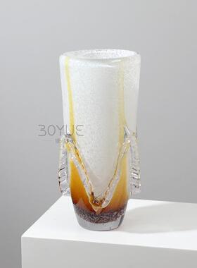 简约轻奢琥珀色裙边手工琉璃花瓶样板间客厅餐厅鲜花软装饰品摆件