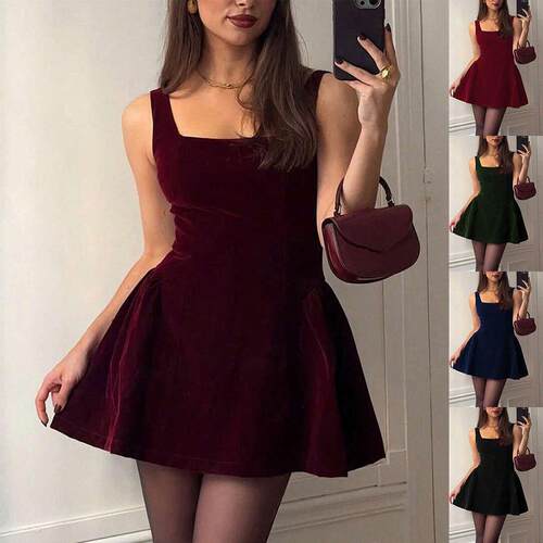 French Elegance Velvet Backless Waist Cinched Short Dress