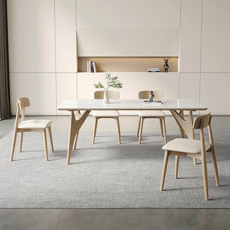 北欧现代简约奶油风实木岩板餐桌实木腿白蜡木原木色长方形饭桌