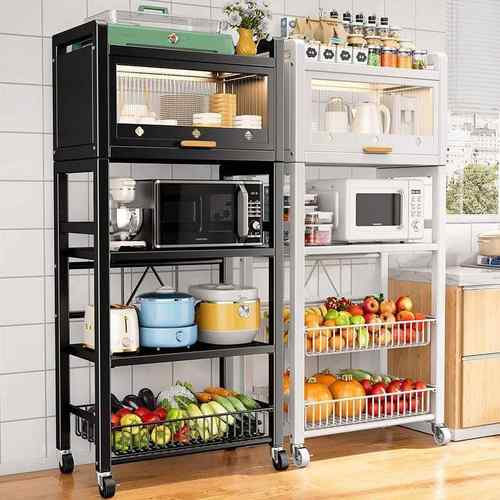 厨房菜篮子置物架带柜门落地多层微波炉架放水果蔬菜收纳筐菜架子