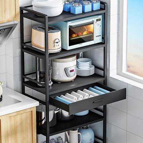 厨房置物架带抽屉落地式多层微波炉架可移动不锈钢烤箱收纳放锅架