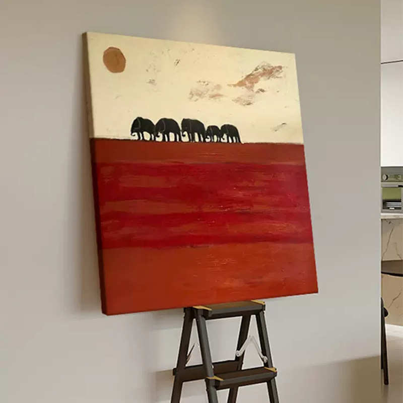 日落风景装饰画客厅手绘油画夕阳大象肌理画原木风玄关正方形挂画图片